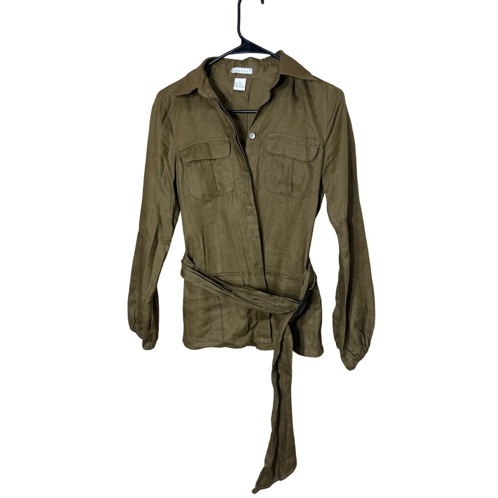TWEEDS Olive Green Linen Utility Belted Blouse‎ Women's Small